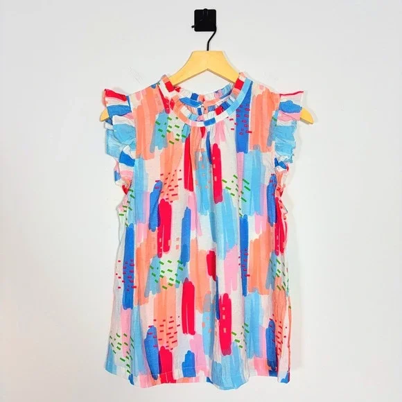 THML‎ Abstract Brushstroke Ruffle Collar Top Women's Medium Multi Color - Picture 2 of 6